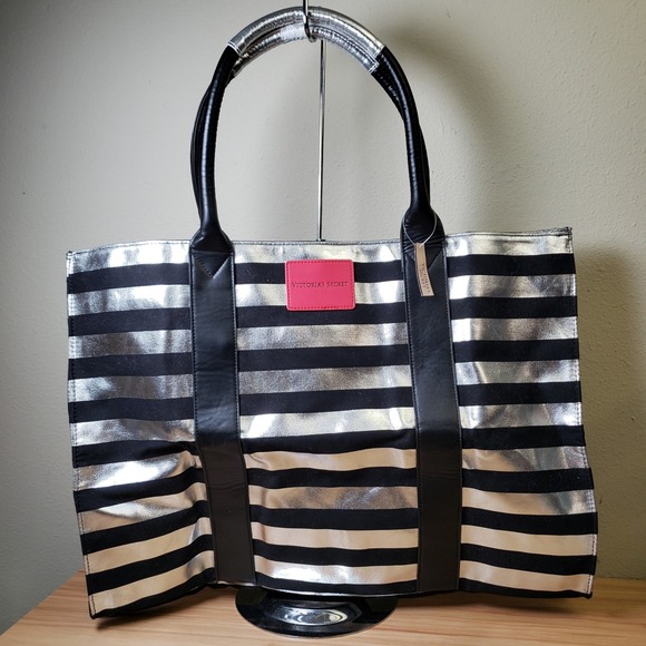 Victoria's Secret Handbags - Victoria's Secret Black Silver Stripe Tote Bag Logo Front Weekender CarryAll NWT
